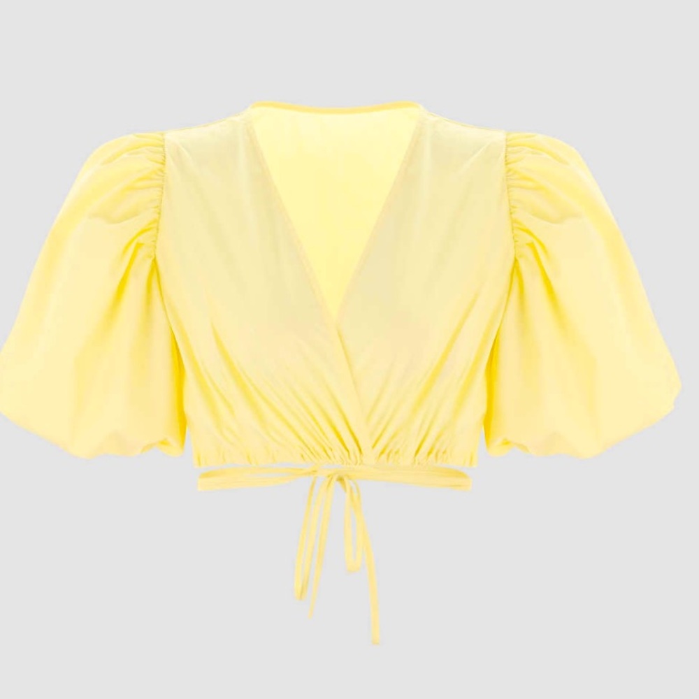 NWT Cider Pale Yellow Puff Sleeve Wrap Top Size Medium Tie Front